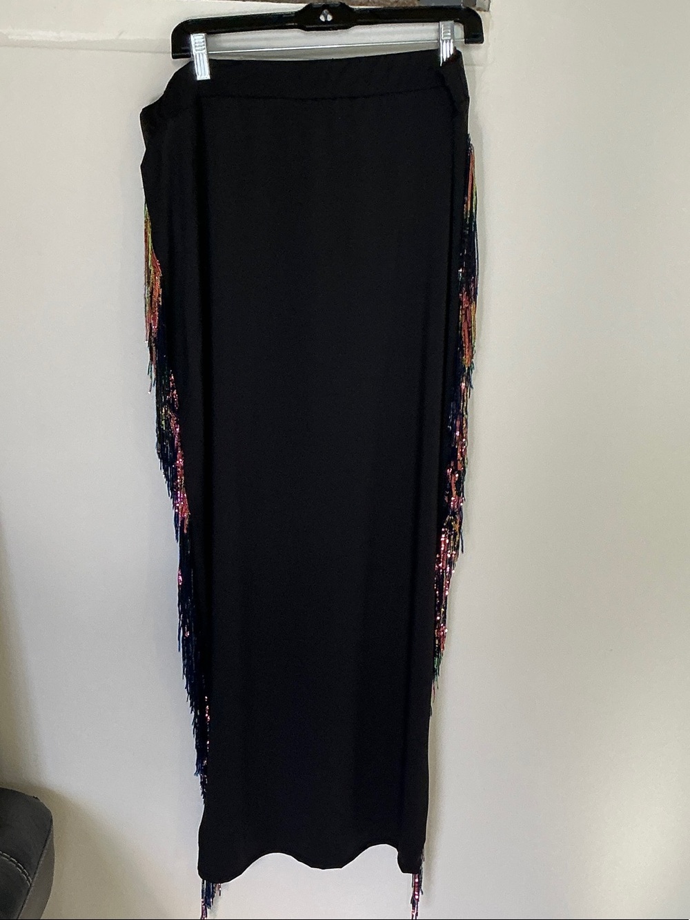 Black Fringe Maxi Skirt with Multicolor Beaded Detail